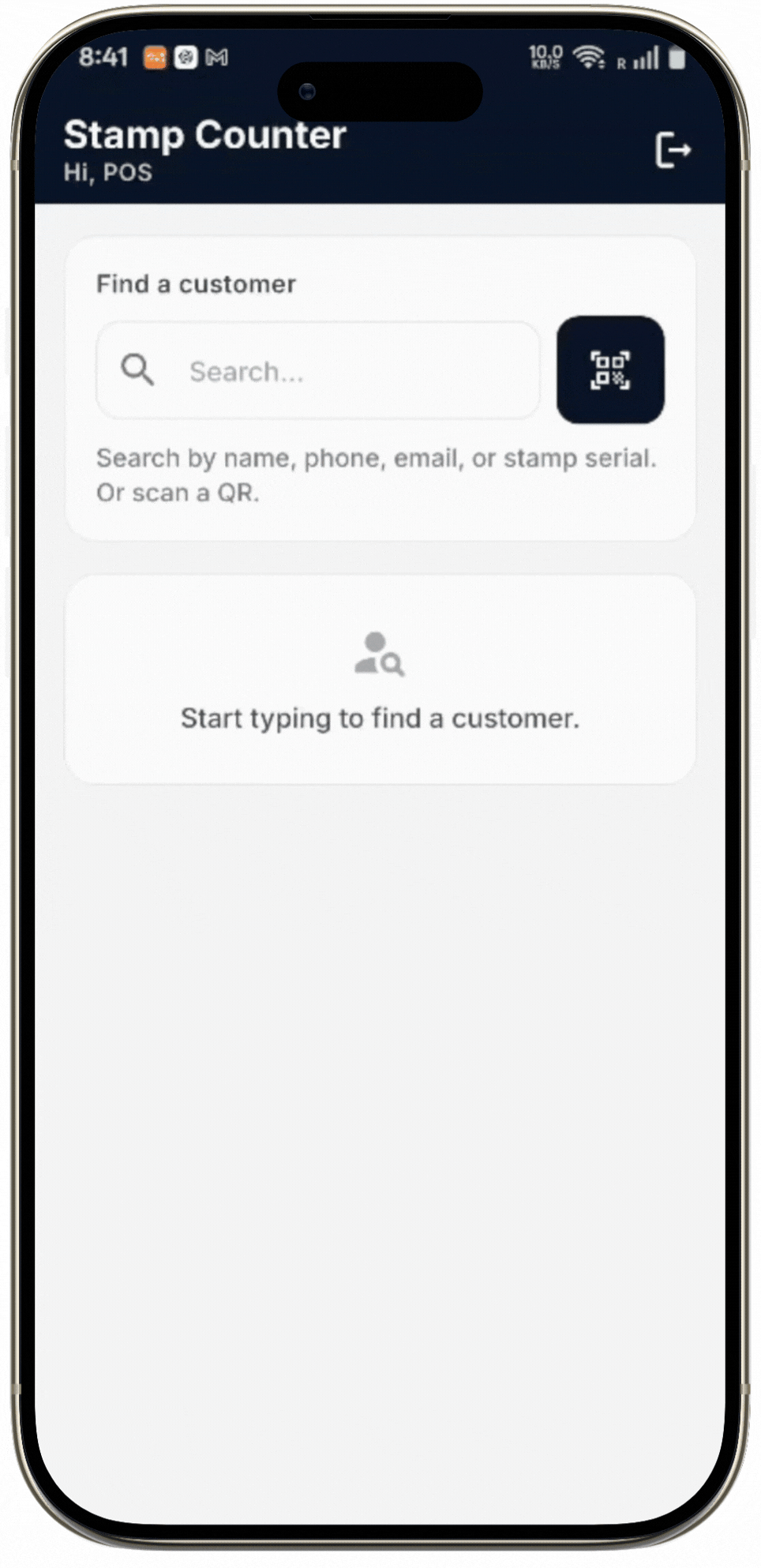 Animated phone walkthrough showing a cashier scanning and managing a customer's stamp card